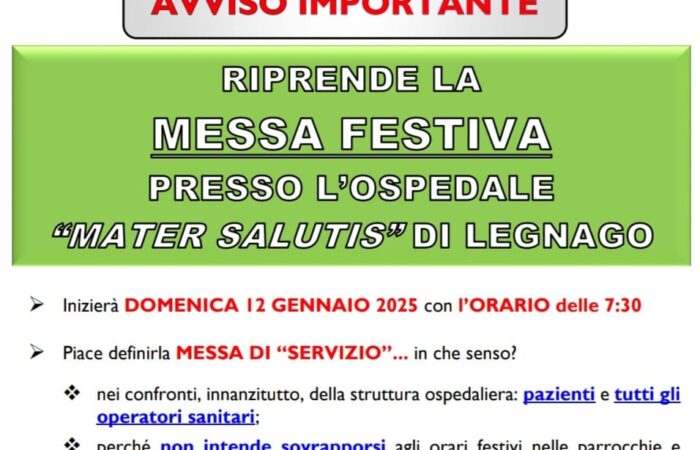 RIPRENDE LA MESSA FESTIVA PRESSO L’OSPEDALE “MATER SALUTIS” DI LEGNAGO